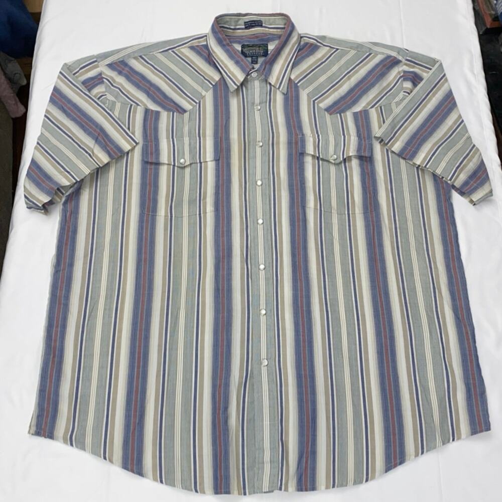 Men's Shirt 3XLT Western Snap Lightweight Blue Red Faded Stripe Pockets Rodeo